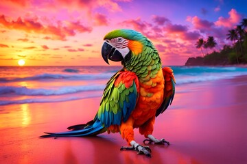 A colorful parrot on a neon colored beach background, Ai Generated