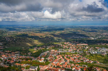 Fototapeta premium Scenic summer aerial view from San Marino in foggy summer day, Italy, Europe 