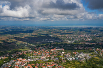 Scenic summer aerial view of San Marino in foggy summer day, Italy, Europe	