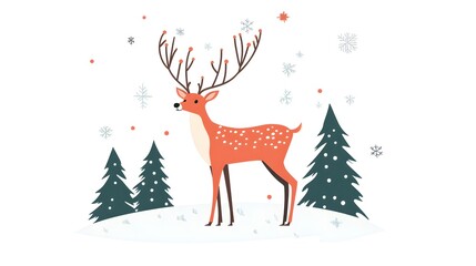 Flat vector illustration of deer in winter forest, simple shapes, simple flat style, white background