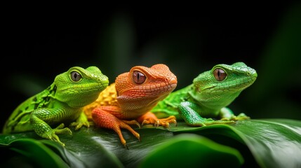 Fototapeta premium Vibrant tree frogs perched on lush green leaves