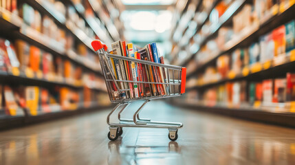 A shopping cart filled with books sits on a floor in a bookstore aisle