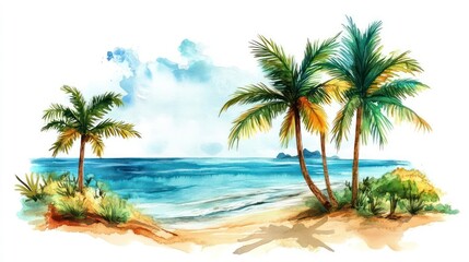 Fototapeta premium Watercolor Painting of Tropical Beach with Palms on Sunny Day, Summer Holiday Vacation Illustration, Ocean Scene for Logo or T-Shirt Design, Relaxing Coastal Landscape, Isolated on White Background