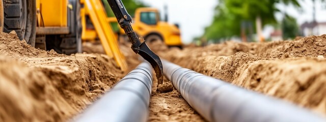 The process of laying pipes in a prepared trench. Construction work on the construction of underground infrastructure