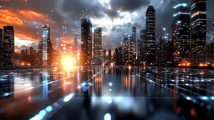 Fototapeta premium Urban solar investment growth city skyline digital landscape evening ambiance futuristic perspective renewable energy concept