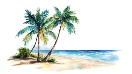 A watercolor painting of three palm trees on a beach with blue water and a white background.