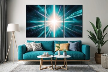 Limitless Cosmic Teal Canvas Art with Striking Light Beams for Elegant Wall Decor