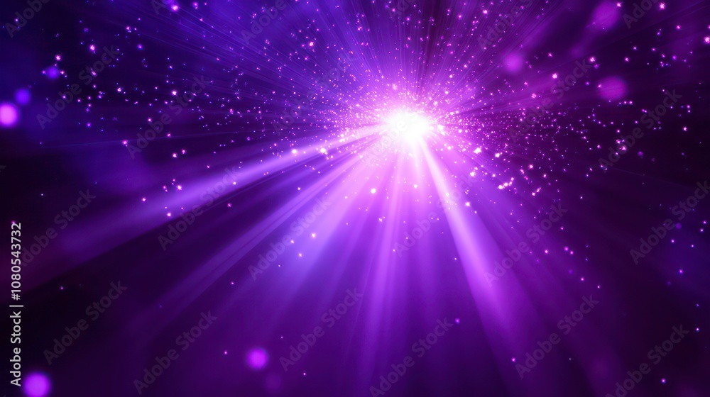 Poster abstract purple and white light beams with bokeh effect.