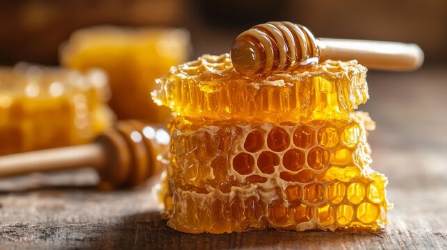 Fresh honeycomb drizzled with honey on rustic wooden table