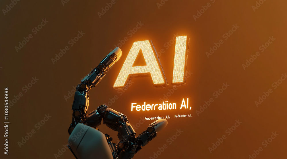 Poster A robotic hand points at the word AI, glowing brightly against an orange background. This is a visual representation of the future of technology