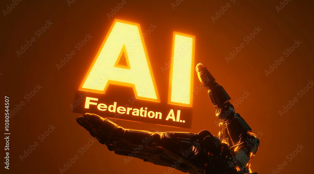 Poster a robotic arm holds up a glowing sign that says ai federation al. the sign is illuminated against a 