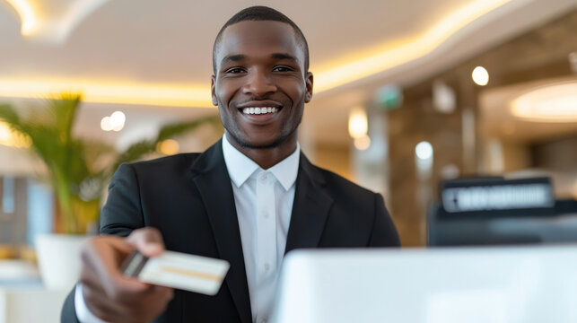 Businessman with a friendly smile presenting credit card at hotel reception, showcasing professionalism and customer engagement.