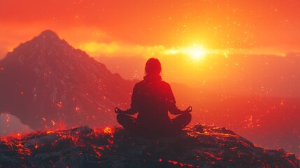 Obraz premium Enlightened meditation scene at sunrise with silhouette outline