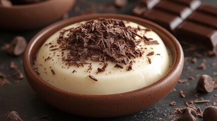 Creamy chocolate dessert topped with shaved chocolate