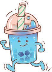 Cute animated cup of blue bubble tea with a smiling face and straw happily running