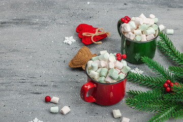 Hot cocoa or chocolate with marshmallows. Christmas traditional decor, New Year festive arrangement