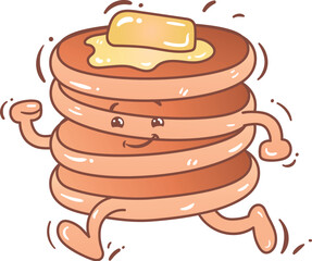 Cheerful animated pancakes with butter running playfully in a whimsical cartoon style, evoking joy and fun in the kitchen