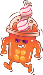 A cheerful cartoon bubble tea character jogging in place while wearing sunglasses, embodying fun and energy during summer