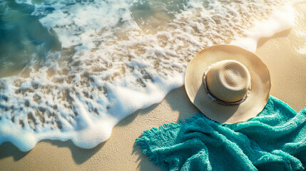 A wide shot of the beach with sand, waves, and blue water. On top is an elegant hat lying on its side next to a bright turquoise towel. The scene exudes relaxation and summer vibe 