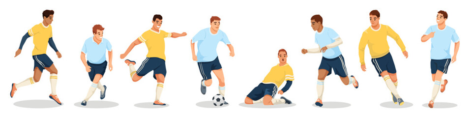 A group of male soccer players displayed in dynamic poses on a white background. Vector illustration