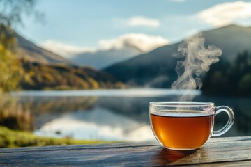 A warm cup of tea rests on a wooden table. The serene lake and mountains create a calming backdrop. Perfect for relaxation and mindfulness. Generative AI
