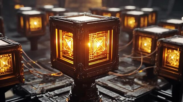 A row of ornate, glowing lamps illuminate a dark, industrial setting