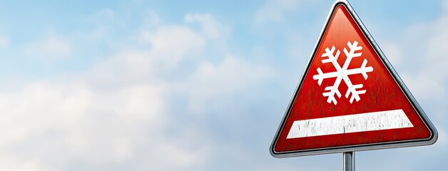 A warning traffic sign indicating snow conditions under a cloudy sky, capturing the essence of winter weather