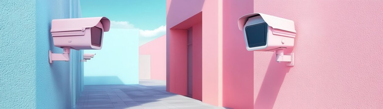 A vivid, modern alleyway featuring colorful walls and surveillance cameras, highlighting themes of security and urban aesthetics.