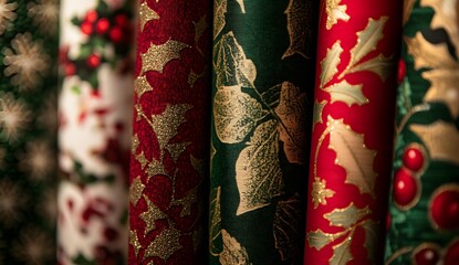 Close-up of Christmas-themed wallpaper rolls stacked in a fabric store, showcasing the rich colors and patterns that evoke holiday spirit, 