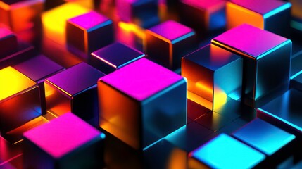 Obraz premium Vibrant Neon Cubes in Abstract 3D Background at Night with Futuristic Glowing Colors and Modern Digital Aesthetics