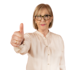 Portrait of a happy senior woman with thumb up isolated over transparent background