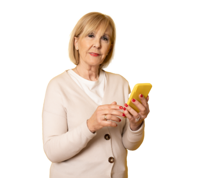 Elderly smiling happy woman 70s in casual clothing talk speak on mobile cell phone isolated on transparent background studio portrait. People lifestyle concept.