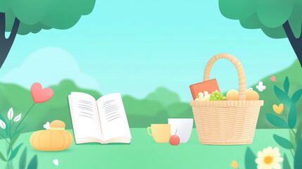 Summer picnic scene, vibrant blanket spread out, wicker basket filled with delicious food, open book resting nearby, lush green park surroundings