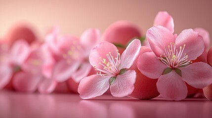 Fototapeta premium Delicate pink flowers and eggs create a serene spring atmosphere.