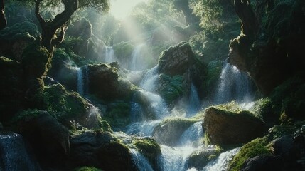 Obraz premium Sunbeams illuminate a lush, mossy waterfall cascading down rocky cliffs in a dense forest.