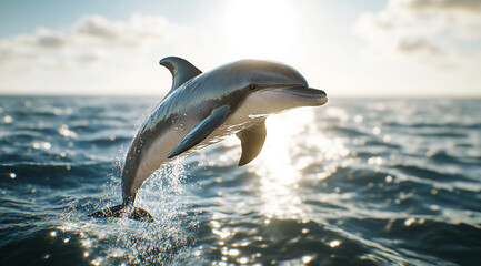Obraz premium A dolphin leaps out of the water in a bright, sunny day. The ocean is calm and blue with whitecaps and the dolphin is silhouetted against the bright sun