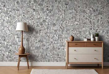 Scandinavian living room interior design zoom background,Doodle patterned wallpaper graphics