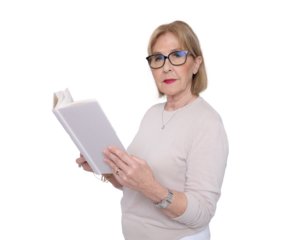 Mature woman wearing eyeglasses reading a book isolated over transparent background. PNG transparent.