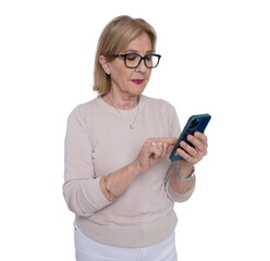 Mature elegant woman using smartphone standing isolated over transparent background. PNG transparent.