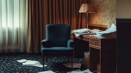A disheveled hotel room with a chair, desk, and scattered papers, evoking a sense of chaos.