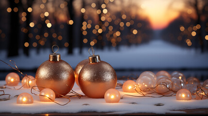 Fototapeta premium Warm holiday lights and golden baubles for a charming Christmas night ambiance