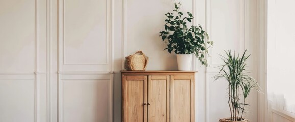 Wooden Cabinet with Plants and a Wicker Basket in a White Room