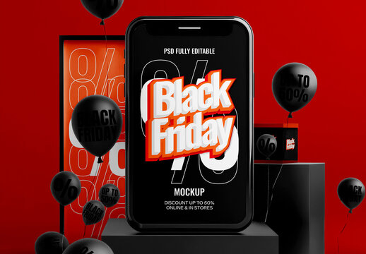 Promotion Screen with Black Balloons Mockup with Generative AI