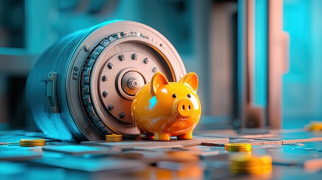 A vibrant piggy bank sits beside an open safe, surrounded by scattered coins, symbolizing savings and financial security.