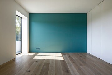 Obraz premium Tranquil Aqua Wall and Stylish Oak Flooring Bathed in Sunlight in a Minimalist Home Decor