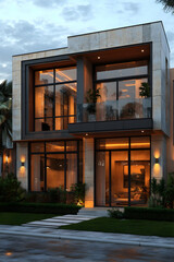 Modern two-story house with large windows, a balcony, and a lush lawn.