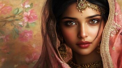 Fototapeta premium A woman wearing a pink and gold headpiece and a pink and gold dress