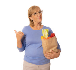 Senior shopping woman with grocery items . Isolated over transparent background. PNG transparent.