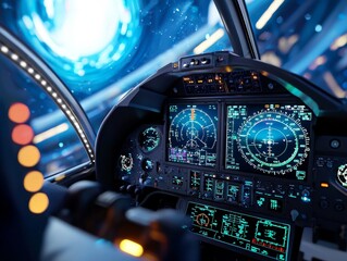 Close-Up of Advanced Navigation Tools and Instruments in a Futuristic Cockpit Setting with a Hyperspace Effect in the Background