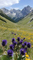 Obraz premium Photo Majestic Mountain Valley Wildflowers Landscape
